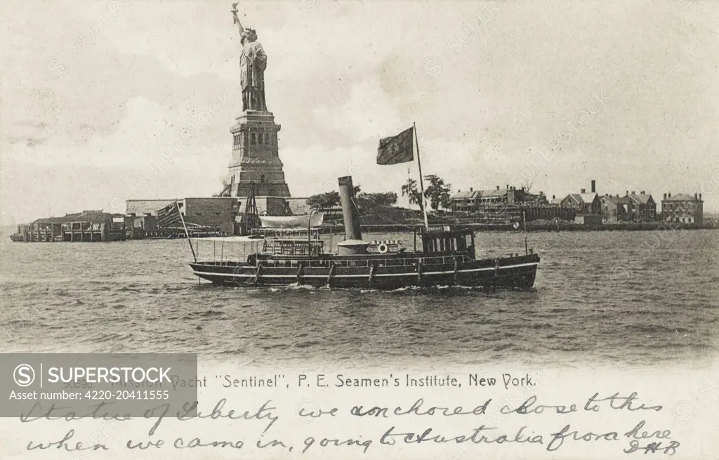 The Mission Yacht Sentinel in front of the Statue of Liberty, New York, America     Date: 1906