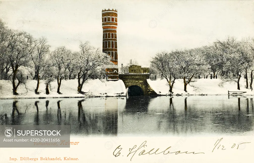 A very fine decorated brick water tower at Kalmar, Sweden.     Date: 1905