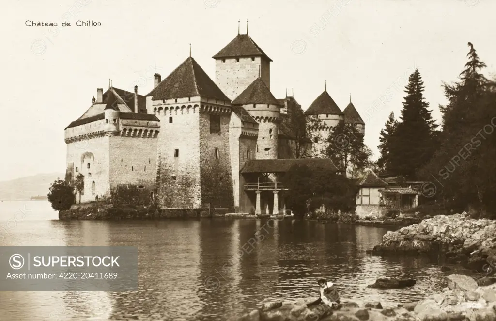 The lakeside Chateau of Chillon, on the shore of Lake Geneva, Switzerland. From the mid 12th century, the castle was home to the Counts of Savoy.     Date: 1930s