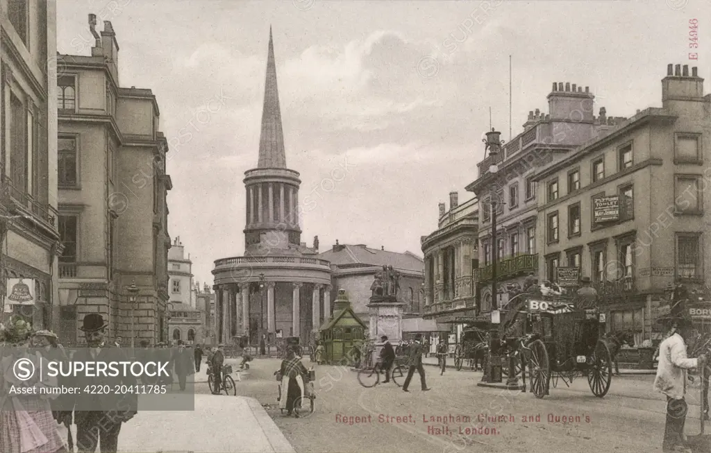 All Souls Church and Queens Hall in Regent Street, London, England     Date: C.1905