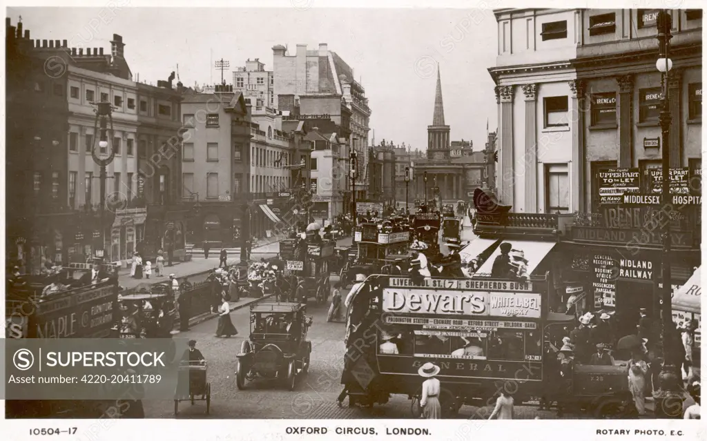 Traffic at Oxford Circus and Regent Street, London, England     Date: C.1910