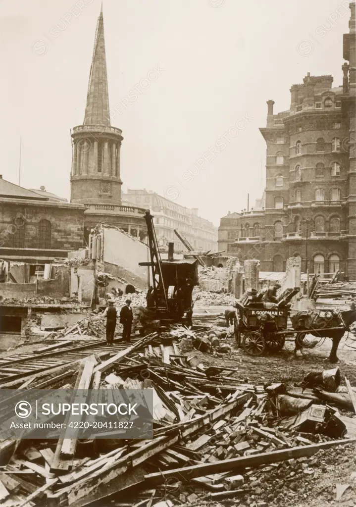 All Souls Church and the building site in Langham Place where buildings were demolished to make way for the building of Broadcasting House, London, England.   circa 1928