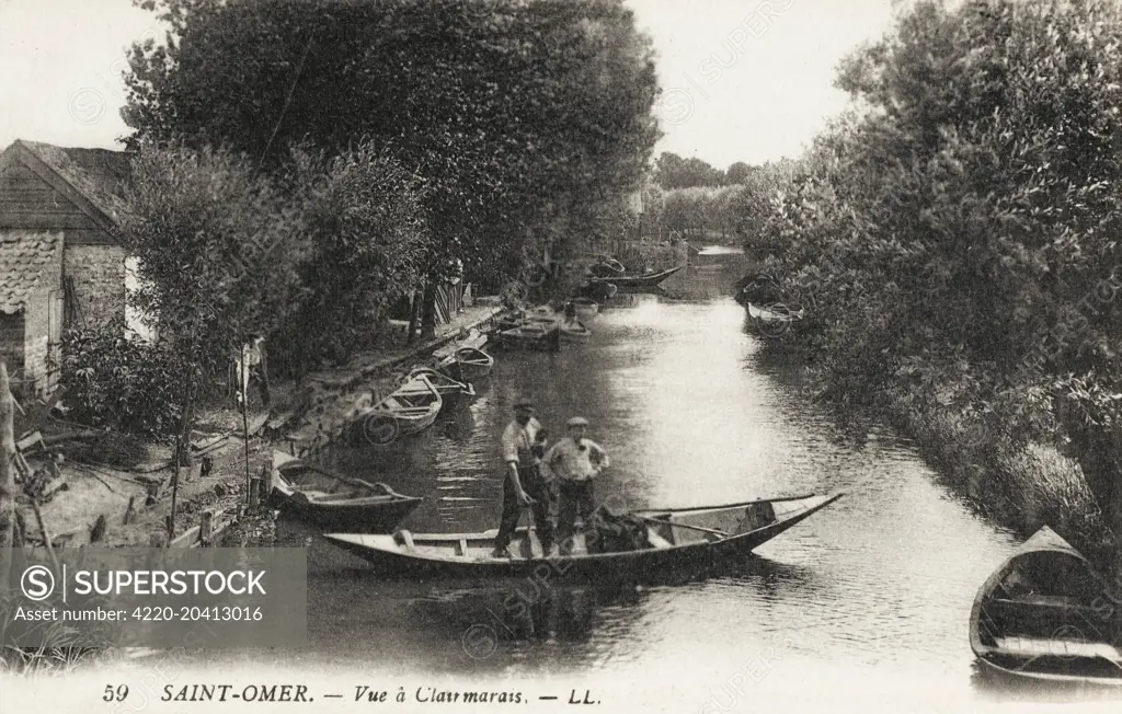 Saint-Omer, France - A tranquil canal view at Clairmarais.     Date: circa 1910s