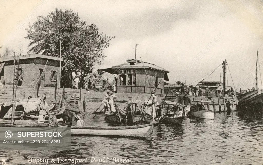 Supply and Transport Depot on the Shatt al-Arab Waterway (which eventually feeds into the Persian Gulf) at Basra, Iraq - WWI era     Date: circa 1917