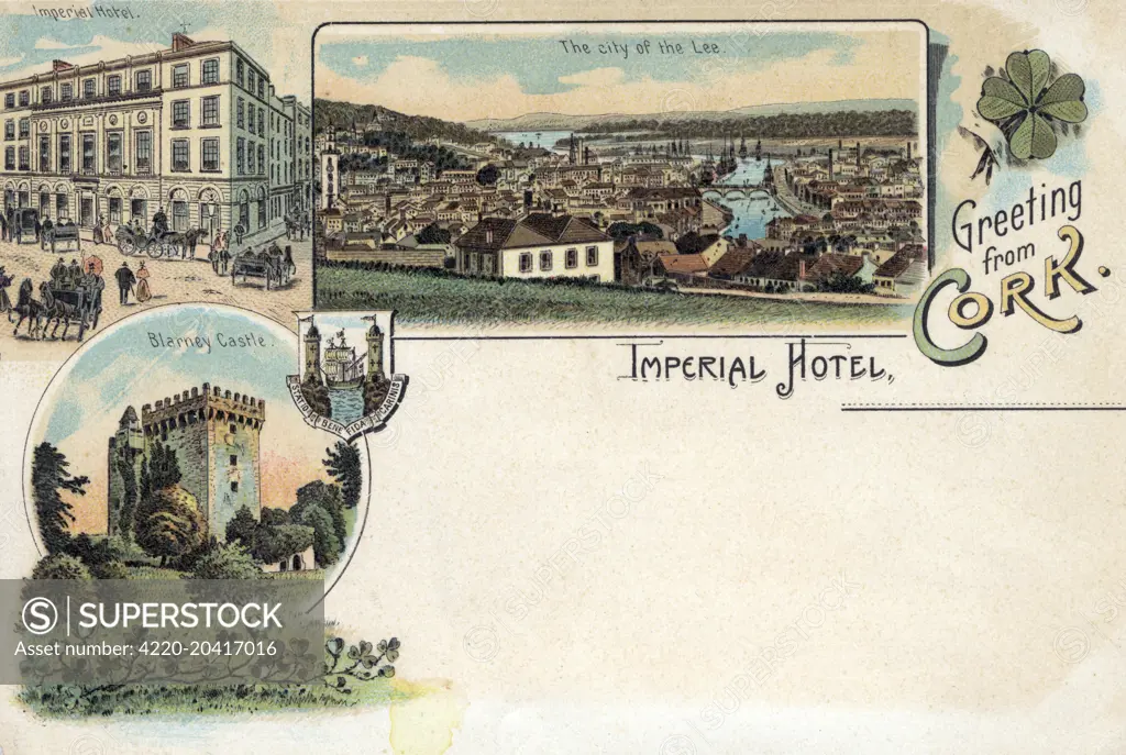 Views of Cork, Ireland, including the River Lee, the Imperial Hotel (from where this card came) and Blarney Castle.     Date: circa 1898