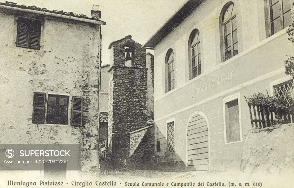 The Catsle at Cireglio in the municipality of Pistoia, Italy. The Communal School and the Belltower.     Date: circa 1910s