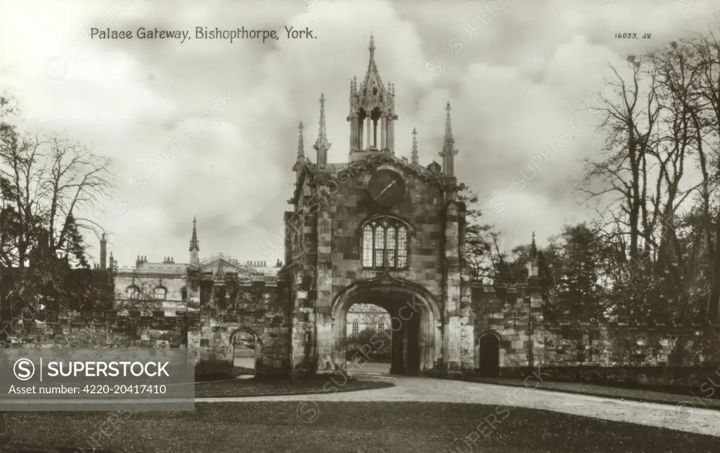 Bishopthorpe, York, Yorkshire, The Palace Gateway. Situated on the banks of the River Ouse, Bishopthorpe Palace is the official residence of the Archbishop of York.     Date: circa 1910