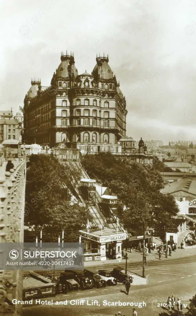 Grand Hotel and chair lift, Scarborough, North Yorkshire     Date: circa 1930s