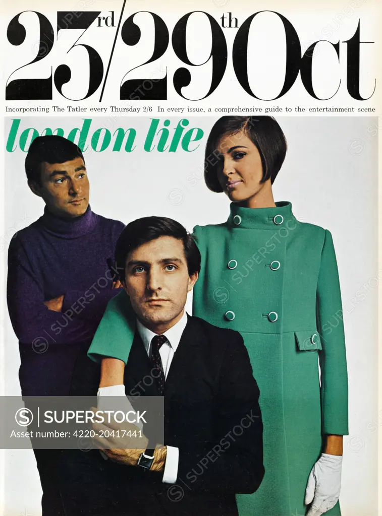 Front cover by Brian Duffy of the impossibly groovy London Life magazine which ran for just two years between 1965 and 1966 but chronicled the life and times of swinging sixties London.  This one features the couturier Emanuel Ungaro together with the hairdresser Vidal Sassoon and a model with a geometric bob (Sassoon's trademark) and a fabulous emerald green Ungaro coat.  1965