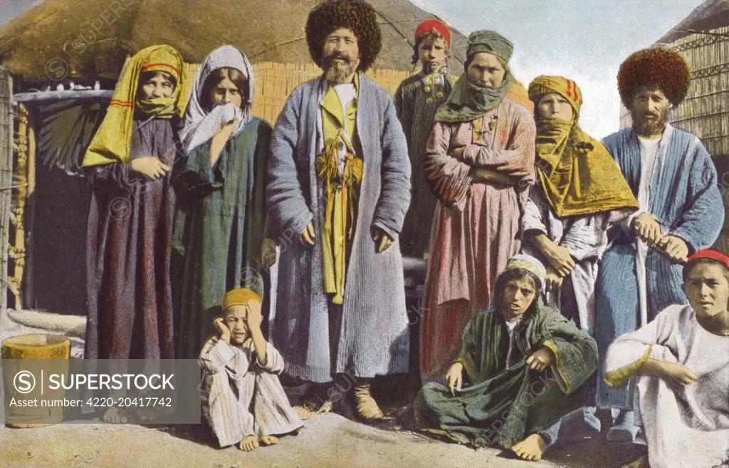 Turkmenistan - Family group standing amid their yurt tents     Date: circa 1903