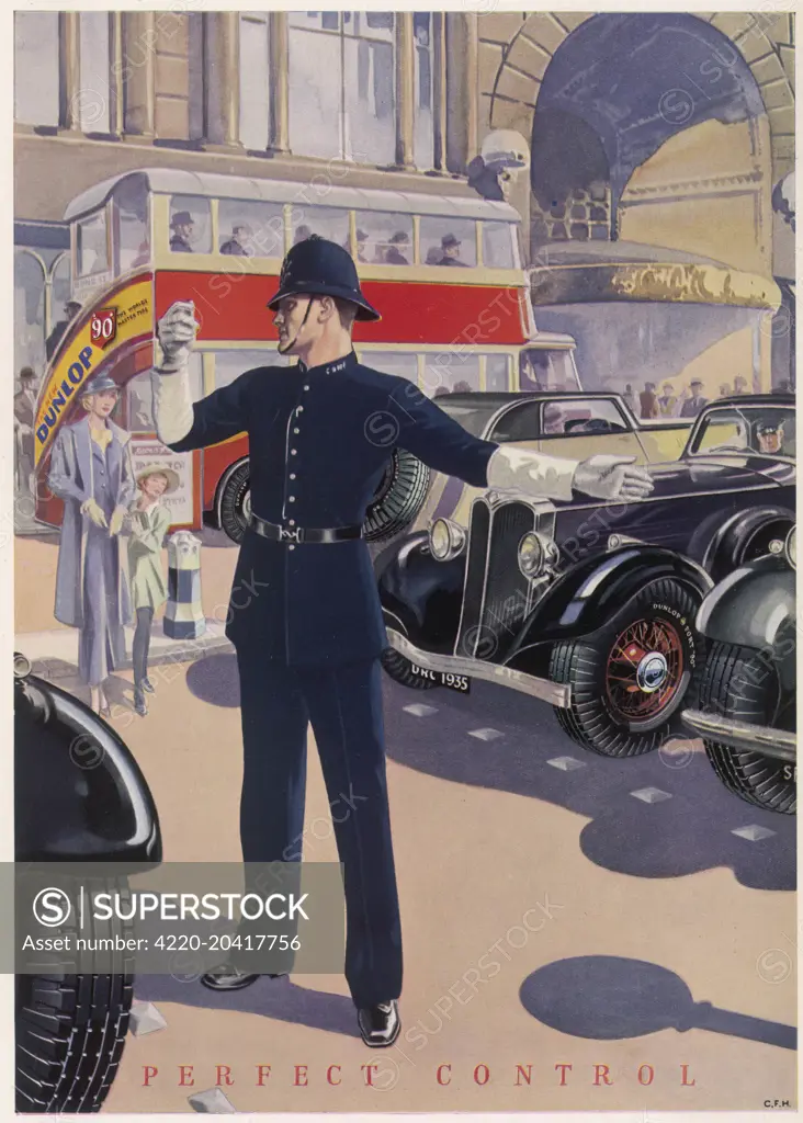 Splendid advert for Dunlop tyres showing a busy London street with a police officer in the road directing traffic and helping pedestrians across the road.     Date: 1935