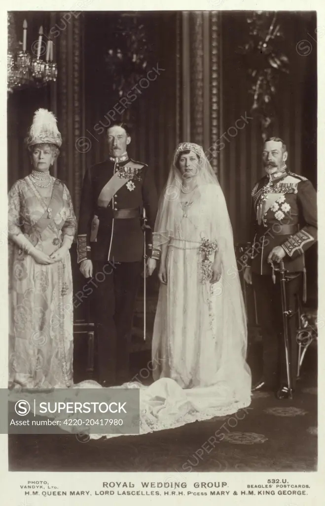The marriage of Princess Mary (Princess Royal, Countess of Harewood) to Lord Lascelles on 28th February 1922. The happy couple are flanked by King George V and Queen Mary.     Date: 1922