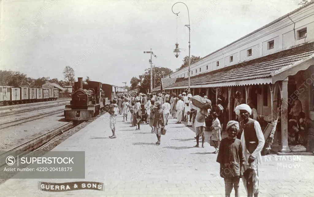India - Railway Station at Mhow. Mhow is in the Indore District in Madhya Pradesh, India.     Date: circa 1910s