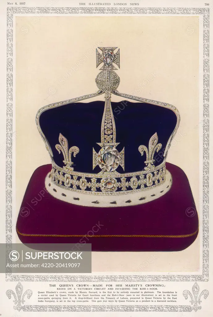 The crown made for Queen Elizabeth, the Queen Mother, on the coronation of King George VI when she was Queen Consort. The crown was made by Messrs. Garrard, and mounted in platinum. The foundation is a circlet used by Queen Victoria for court functions, and the Koh-i-Noor diamond is set in the front cross-pat&#x9960;springing from it. A drop-brilliant from the Treasury of Lahore, presented to Queen Victoria by the East India Company, is set in the top cross-pat&#x996e;     Date: 1937