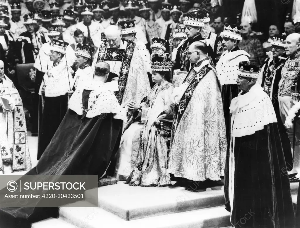 Coronation of Queen Elizabeth II on 2 June 1953 in Westminster Abbey showing the Duke of Edinburgh paying homage.       Date: 1953