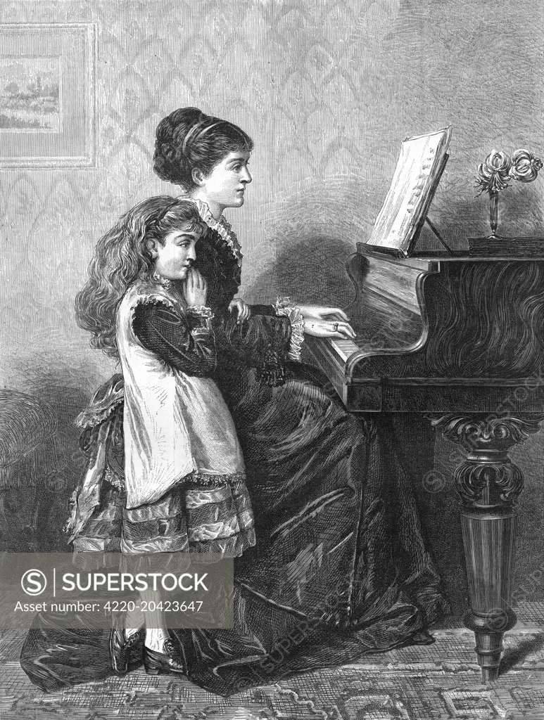 A girl listens to a woman playing the piano.     Date: 1875