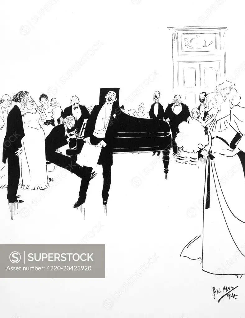 A gentleman sings along to the piano at a late Victorian evening party.  1894