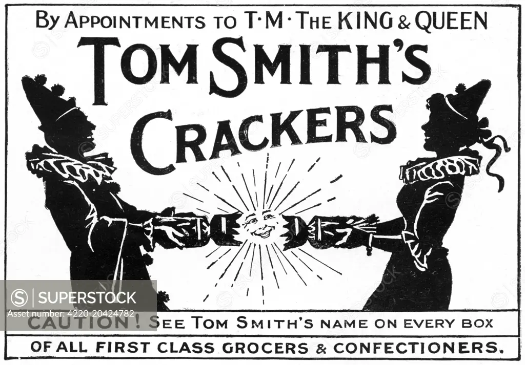 Advertisement for Tom Smith's Crackers, by appointment to T.M. The King and Queen.  1913