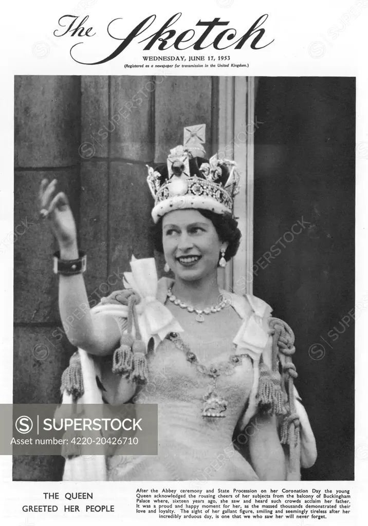 Queen Elizabeth II wearing the Imperial State Crown, waves to crowds from the balcony of the Buckingham Palace following her Coronation at Westminster Abbey on 2nd June 1953.     Date: 1953