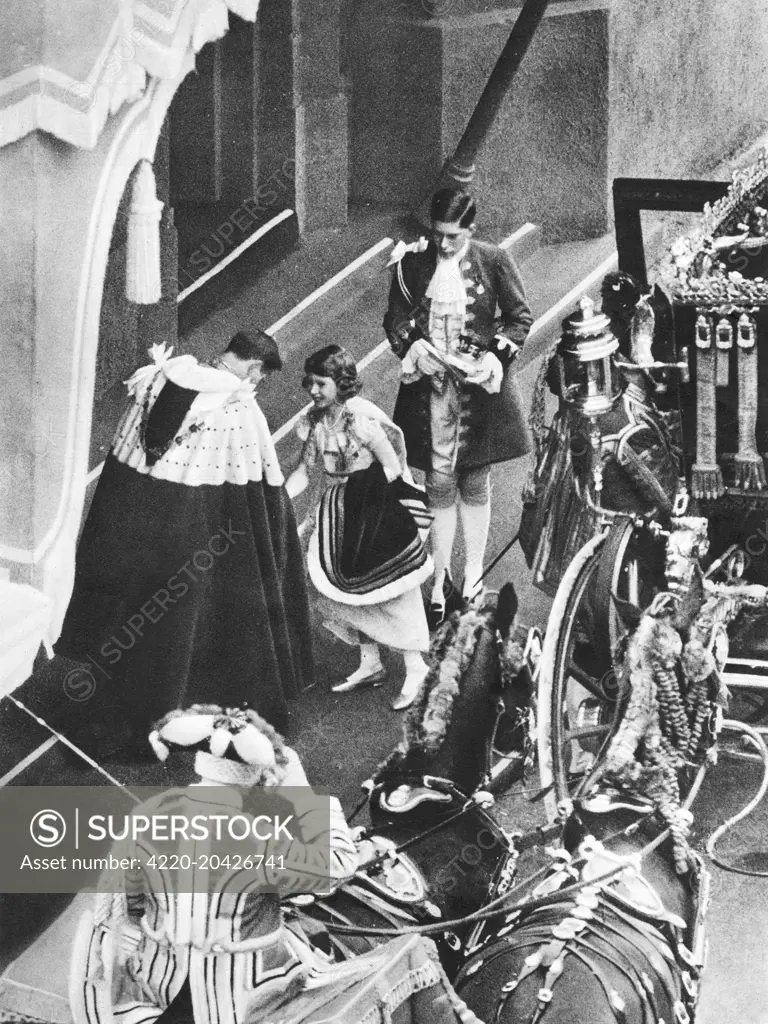 Princess Elizabeth, later Queen Elizabeth II (born 1926), arriving at Westminster Abbey for the Coronation of her father, King George VI on 15 May 1937.  Picture shows the Duke of Norfolk, Earl Marshal, bowing the eleven year old Heir Presumptive.       Date: 1937