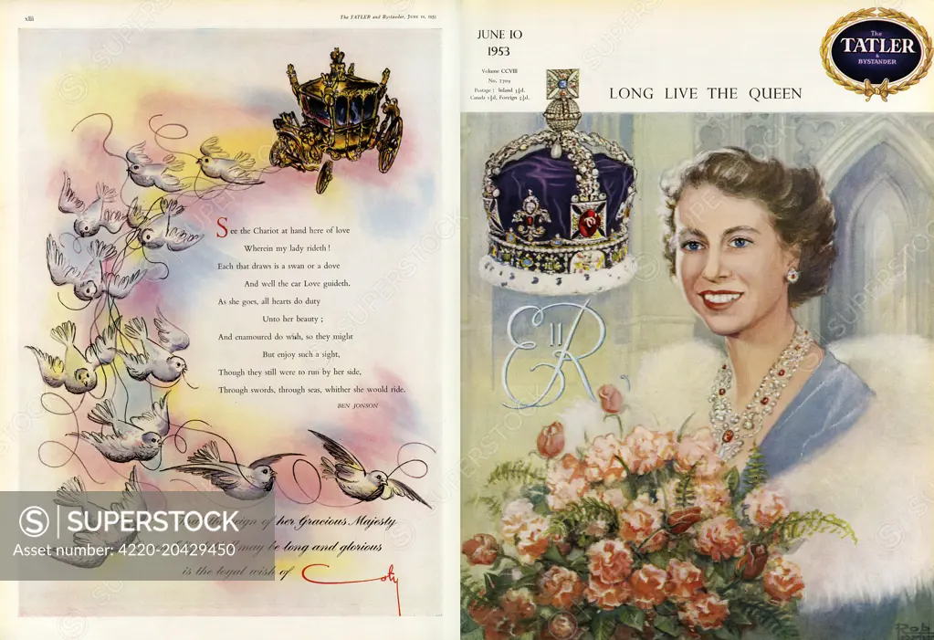 A Coty advert celebrating the coronation of Queen Elizabeth II placed next to a front-cover of The Tatler featuring a painting of the Queen wearing fur and carrying a bouquet of roses     Date: 1953