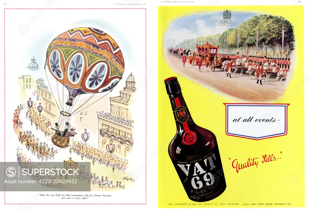 On the left, an enterprising group of people enjoy the spectacle of the Coronation of 1953 from the air (illustration by A F Wiles). On the right, an advert for Finest Scotch Whisky, a drink suitable for all events, including the Queen's coronation.     Date: 1953