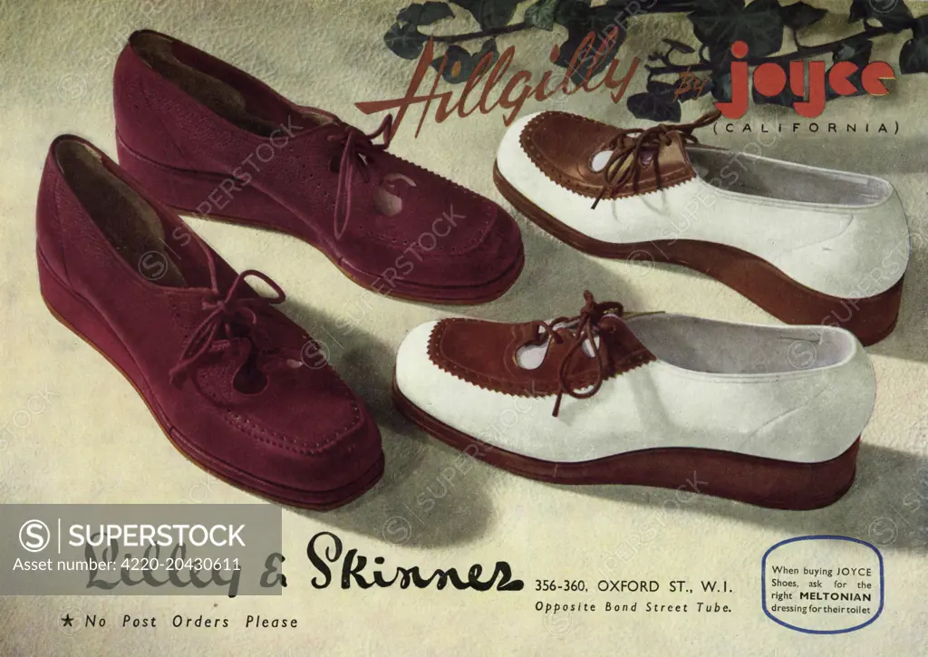 Soft suede, plush pink and leather, white and brown wedged shoes by Hillgilly by Joyce California.     Date: 1946