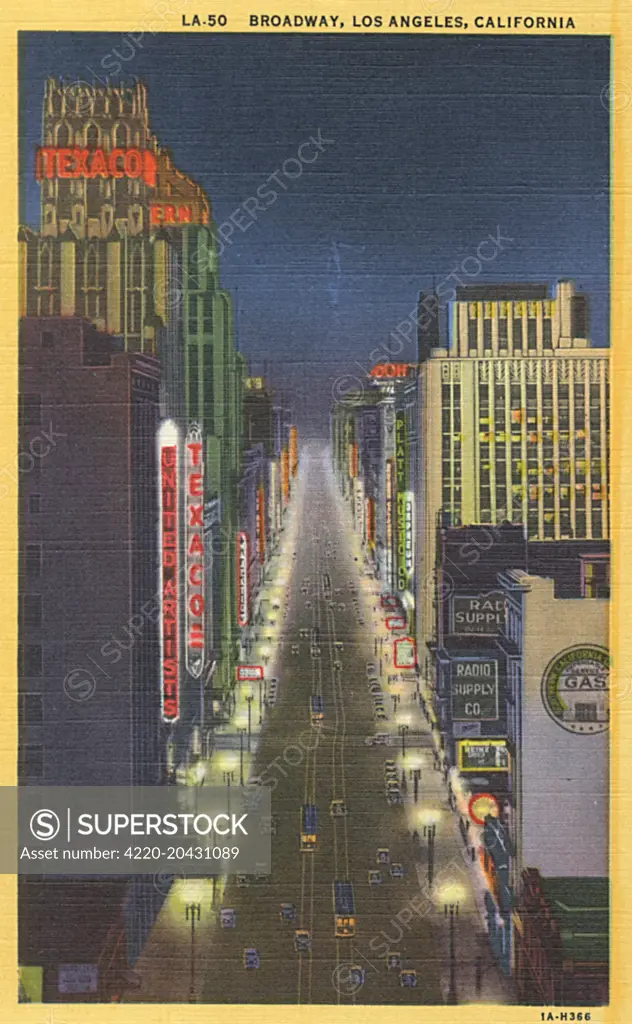 Night view of Broadway, Los Angeles, California, USA.   1931