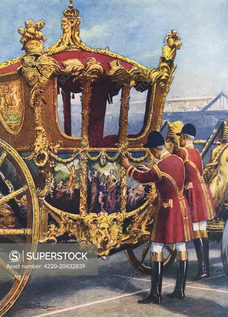 The State coach, weighing 4 tonnes, which first appeared on the streets of London at an opening of Parliament by George III has been used at every Royal coronation since that of George IV.  It was designed by Sir William Chambers and many craftsmen collaborated on the work at a total cost of 7587.  The allegorical panels are painted by artist Cipriani.       Date: 1937