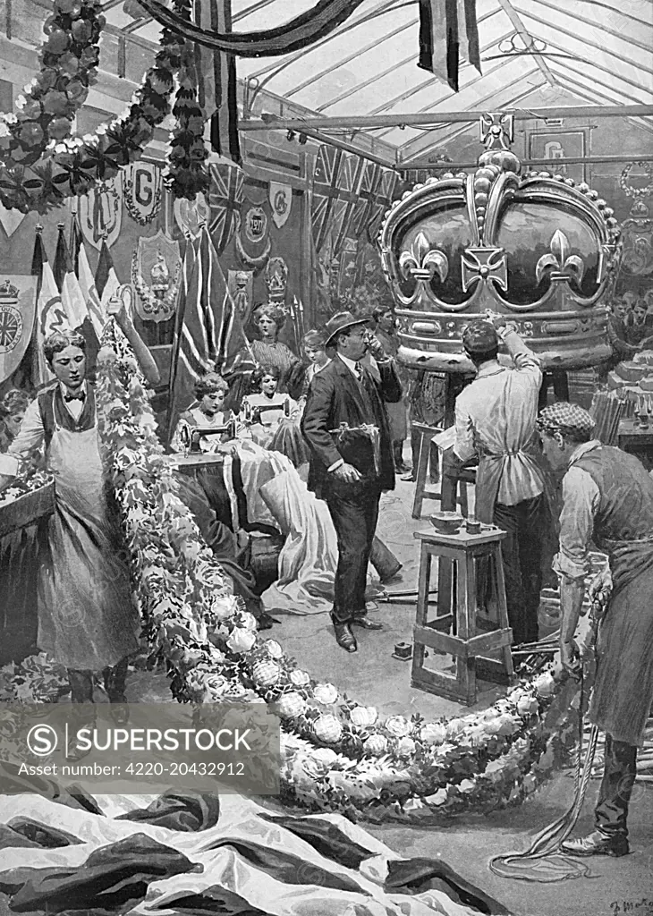 A busy scene at Harrod's department store, showing the vast array of Coronation novelties in the making to decorate the shop front and surrounding streets.     Date: 1911