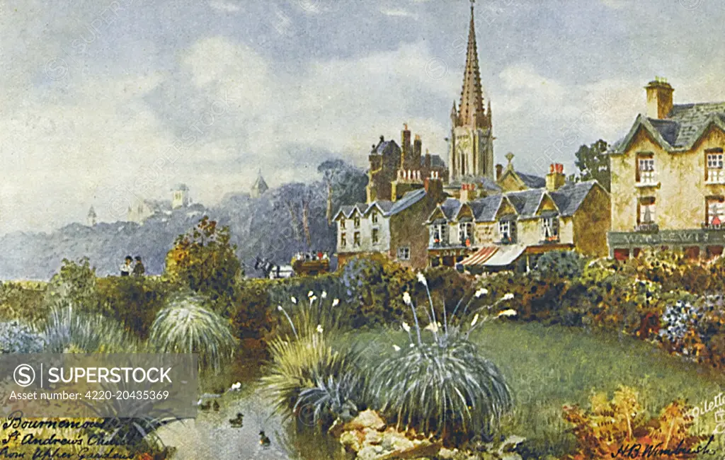 Bournemouth, Dorset - View of St Andrew's Presbyterian Church from the Upper Gardens (now sadly bereft of its steeple...).     Date: circa 1906