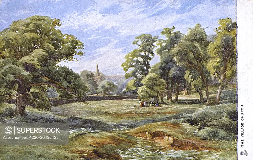 A traditional English idyllic rural country view with obligatory clumps of trees, distant church spire and wispy clouds     Date: circa 1903