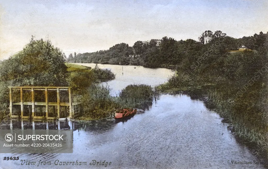 View from Caversham Bridge (looking west), Reading, Berkshire - the tower of the Parish Church of St. Peter is just peeping through the trees in the upper right-hand corner.     Date: circa 1905
