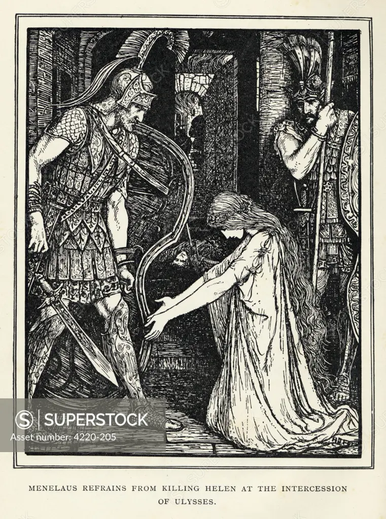 Menelaus (at the intersession  of Odysseus) refrains from killing  his wife, Helen, for having  run off with Paris.