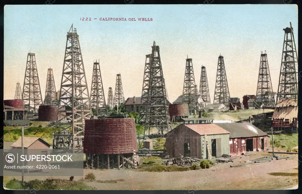 A landscape of wells in theCalifornia oil field Date: early 20th century