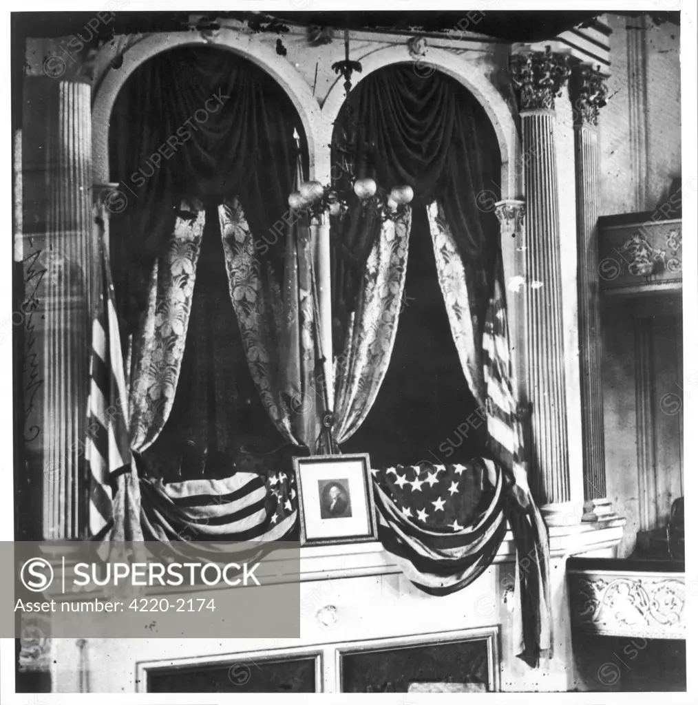 The seats in Ford's TheatreWashington, where US PresidentAbraham Lincoln was shot byJohn Wilkes Booth. Boothescaped but was shot dead in a Virginia barn on 26 April 1865 Date: 14 April 1865