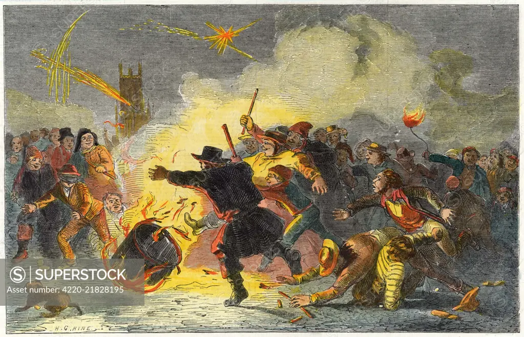 Rolling a tar barrel on 5 November, Bonfire Night, at Brighton, Sussex.       Date: 1853