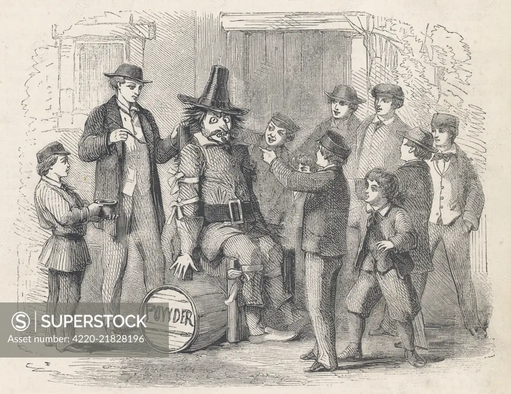 Boys preparing a guy for fireworks night.         Date: 1864