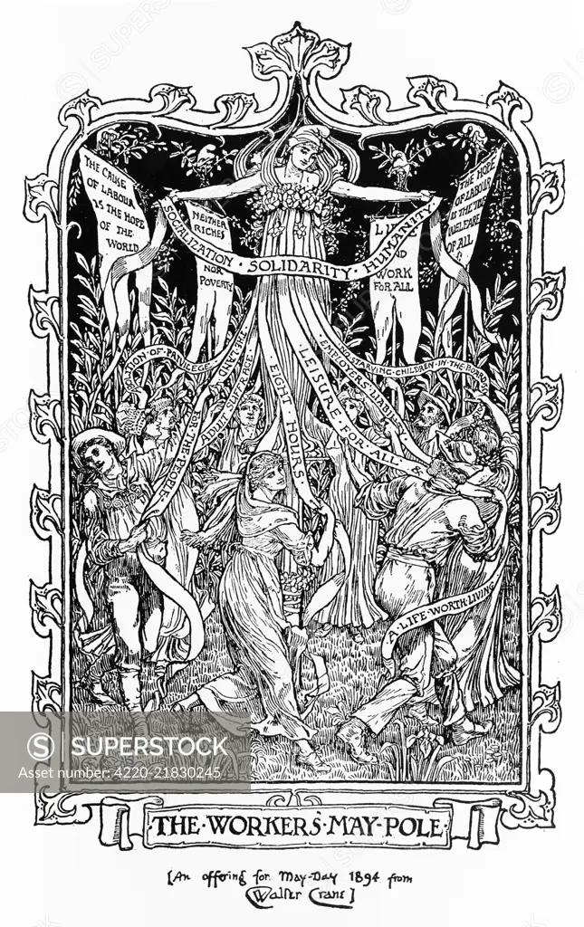 The Workers' May-Pole, a design for a socialist poster, with a central allegorical figure, and banners and ribbons labelled with abstract ideas such as Leisure, Solidarity and Humanity.      Date: 1894