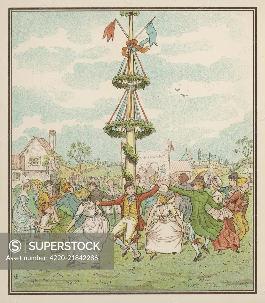 Country people dance round the  maypole, the girls ducking in  and out of the ring formed by  the men       Date: 1882