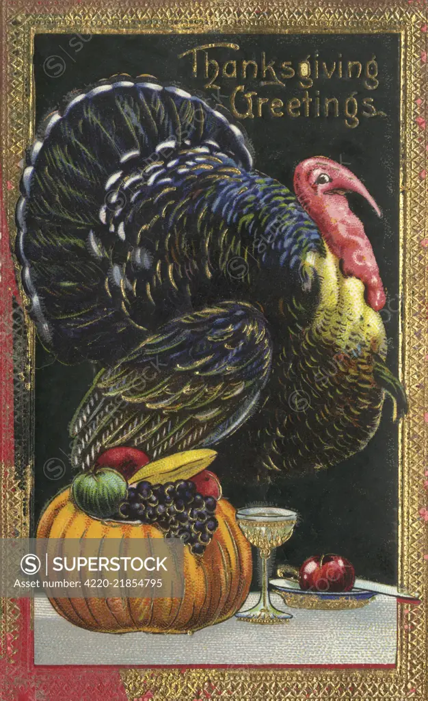 Turkey, pumpkin, food and drink - symbols of Thanksgiving (4th Thursday in November)    Date: circa 1910