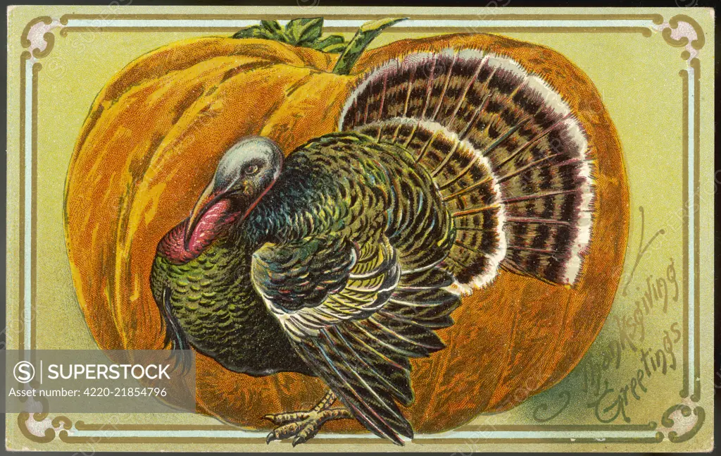 A turkey and a pumpkin represent Thanksgiving (Fourth Thursday in November)    Date: 1907