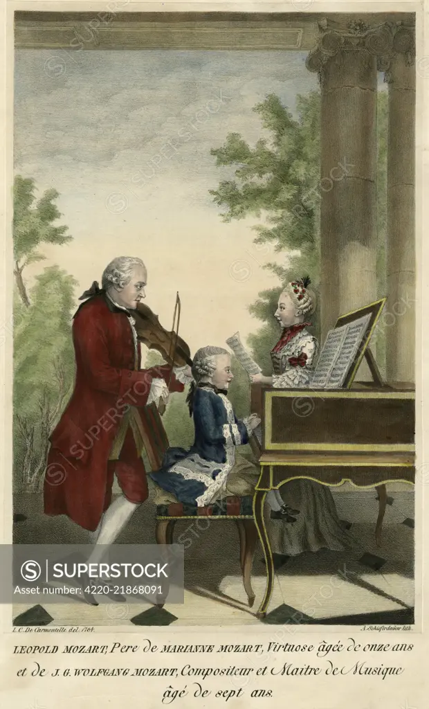 WOLFGANG AMADEUS MOZART  The Austrian composer at the  age of seven, with his sister  Marianne, aged eleven, and  their father Leopold, in 1764.     Date: 1756 - 1791