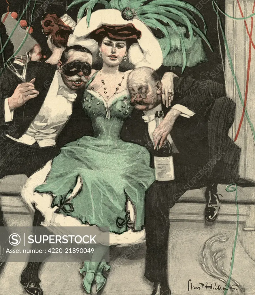 Two older gentlemen, rather  the worse for wear, are  supported by their carnival  guardian angel - a woman in a  green dress and extravagant  hat     Date: 1909