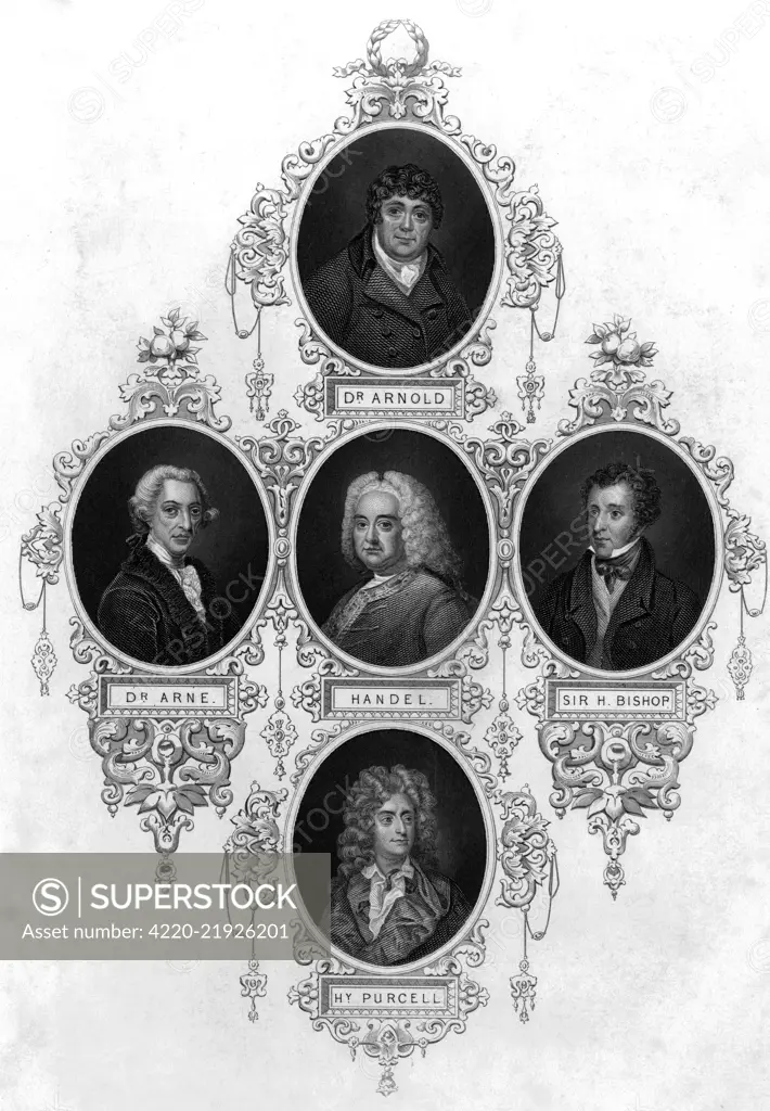 Five eminent musicians in a decorative frame: Dr. Samuel Arnold(1739-1802), Dr. Thomas Augustine Arne (1710-1778), composer of  &quot;Rule Britannia&quot;, George Frideric Handel(1685-1759) , Sir Henry Rowley Bishop (1786- 1855) , and Henry Purcell(1659 -1695).     Date: 18th century