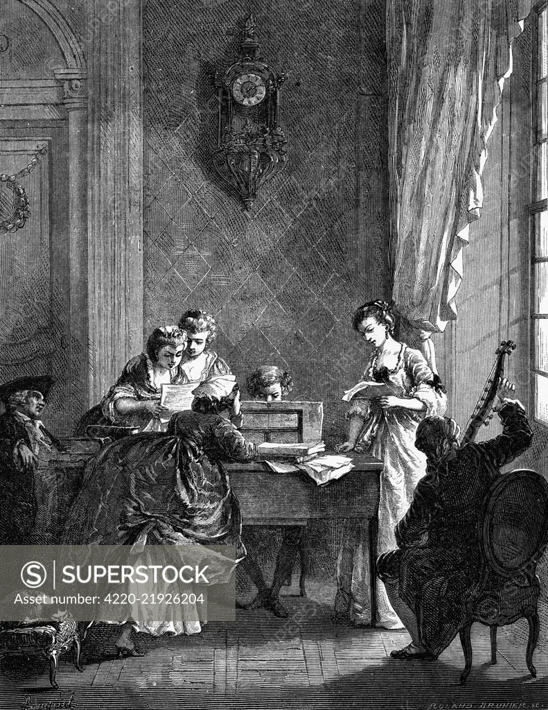 A group of chamber musicians rehearse around a piano in a domestic setting.     Date: 18th century