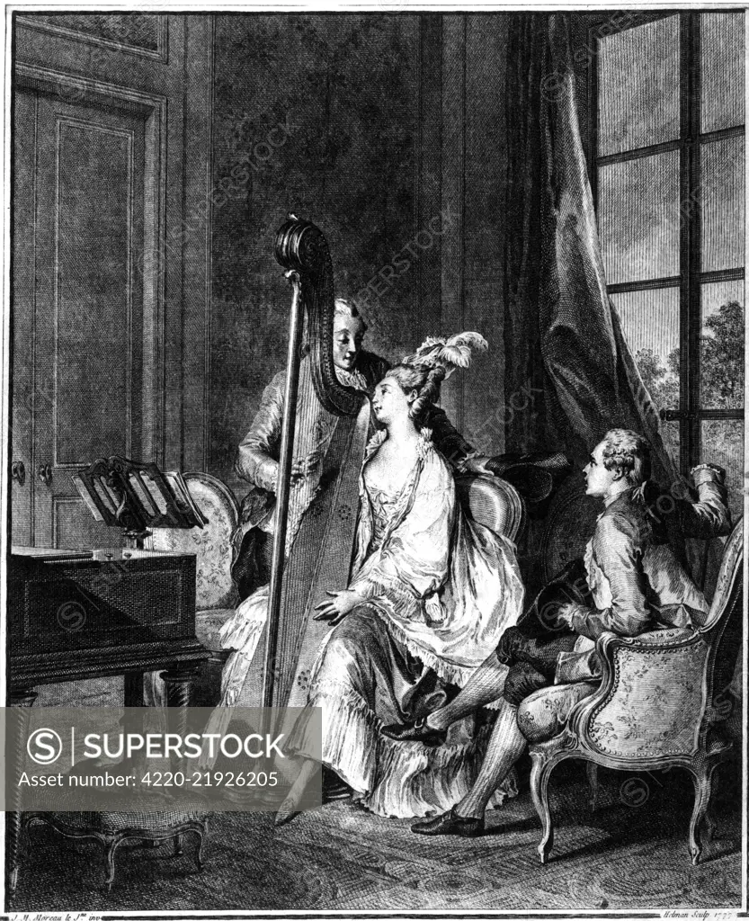 A music teacher instructs a lady pupil, who sits astride a harp and looks up adoringly at him. A lap dog watches the scene with some reservations from a stool underneath the harpsicord. Another seated gentleman looks on-is he about to draw the remainder of the curtain     Date: 18th century