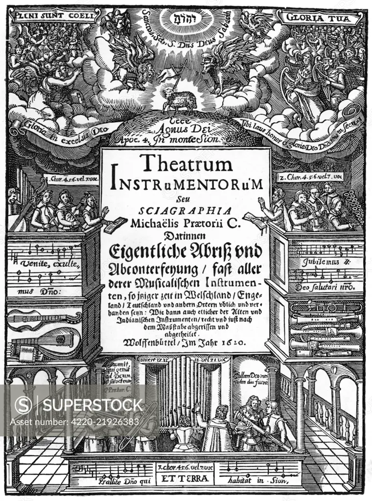 Title page of Syntagma Musicum(1620), by Michael Praetorius. Musicians on earth echo the heavenly music of angels and even King David, as they worship the lamb of God. The same decorative border can be seen on a copy of one of Praetorius' earlier work, Hymnodia Sionia, on picture number 10508934.     Date: 1620