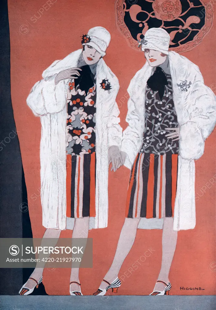 Two fashionable flapper girls one with a holly leaf design, the other with a mistletoe design. The caption reads: &quot;December doubles: the Holly stakes and the Mistletoe cup&quot;.      Date: 1928- 1929
