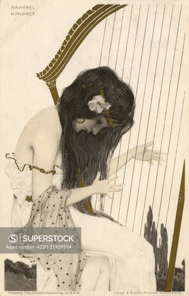 Raphael Kirchner - Art Nouveau Girl playing the harp from the 'Greek Virgins' postcard series.     Date: 1900